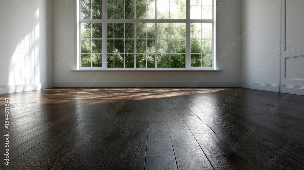 Fototapeta premium Empty room with large window, hardwood floor