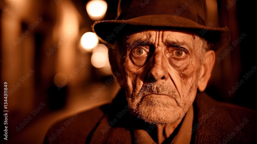 Elderly Man Struggling with in Dimly Lit Urban Alley Elderly Man Struggling with in Dimly Lit Urban Alley