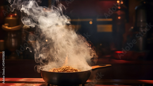 A cooking pan is emitting smoke in a restaurant kitchen.