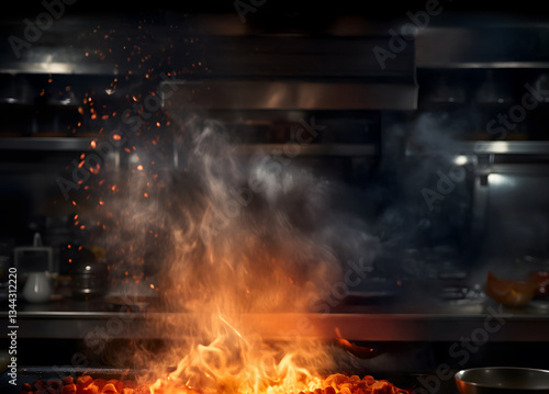 A Chinese wok on fire from cooking in a restaurant kitchen.