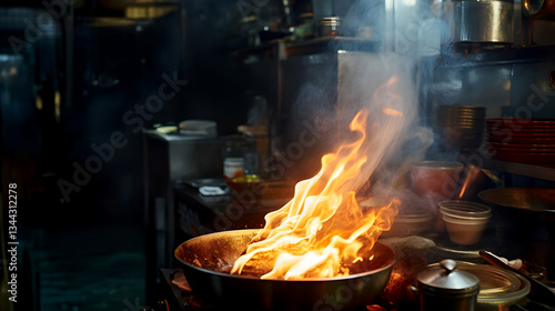 Photo of a fire burning a cooking stove in a restaurant kitchen.