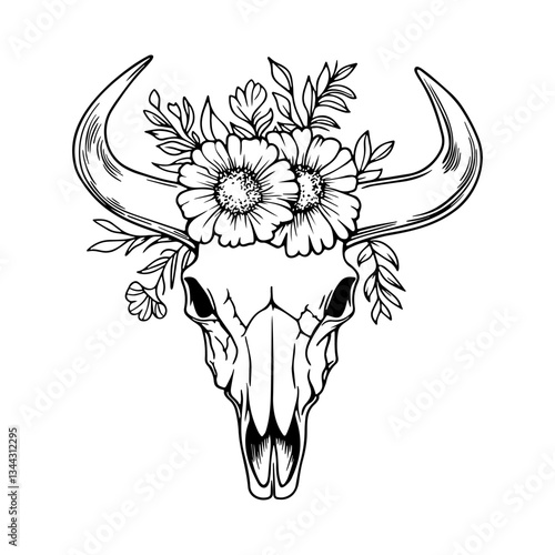 Skull of a bull with horns decorated with flowersSkull of a bull with horns decorated with flowers
