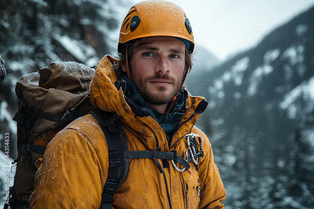 Double portrait of a man wearing a climbing helmet and outdoor gear, seamlessly blending into a stunning mountain landscape featuring rocky cliffs and dense forests Double portrait of a man wearing a climbing helmet and outdoor gear, seamlessly blending into a stunning mountain landscape featuring rocky cliffs and dense forests