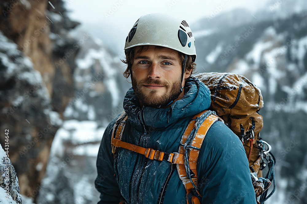 Double portrait of a man wearing a climbing helmet and outdoor gear, seamlessly blending into a stunning mountain landscape featuring rocky cliffs and dense forests Double portrait of a man wearing a climbing helmet and outdoor gear, seamlessly blending into a stunning mountain landscape featuring rocky cliffs and dense forests
