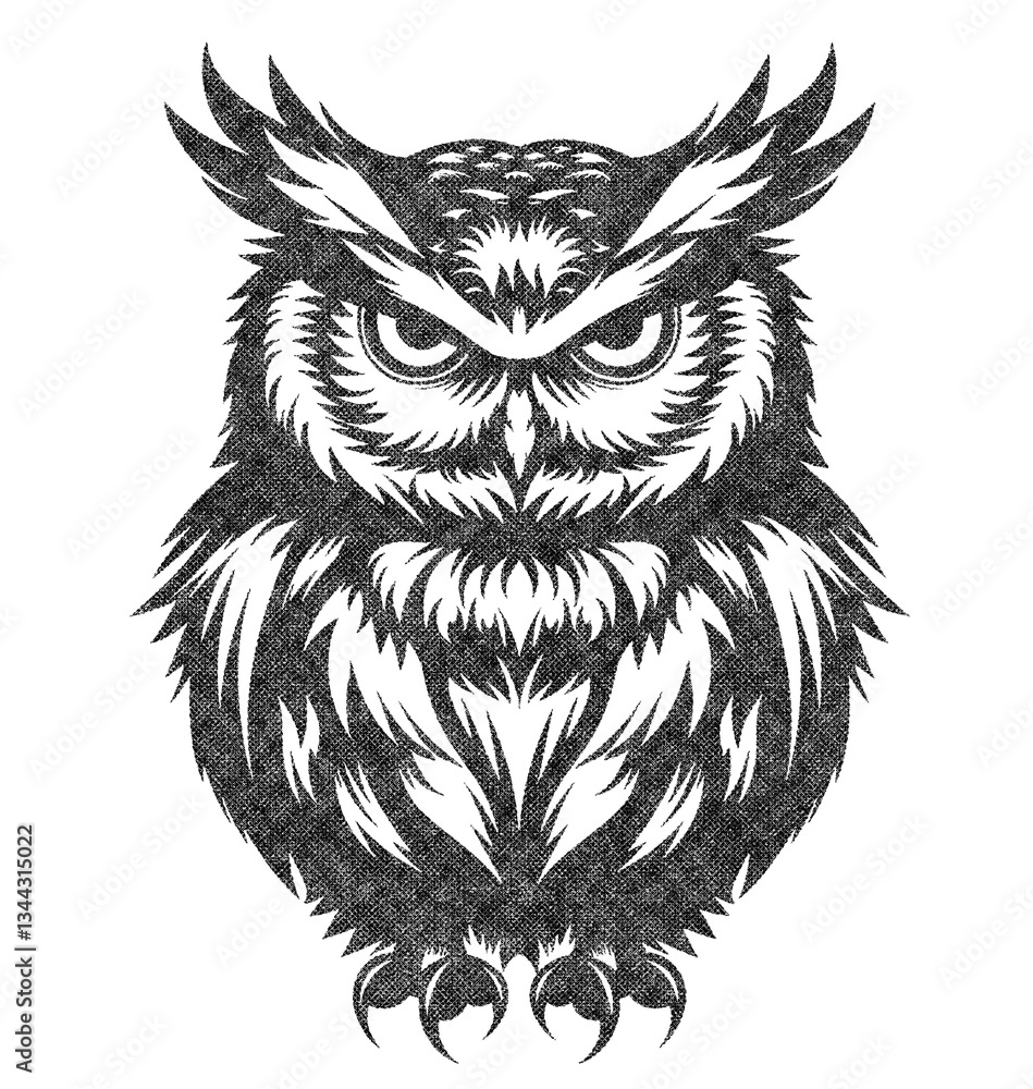 Fototapeta premium Owl Illustration with Risograph Overprint and Retro Texture