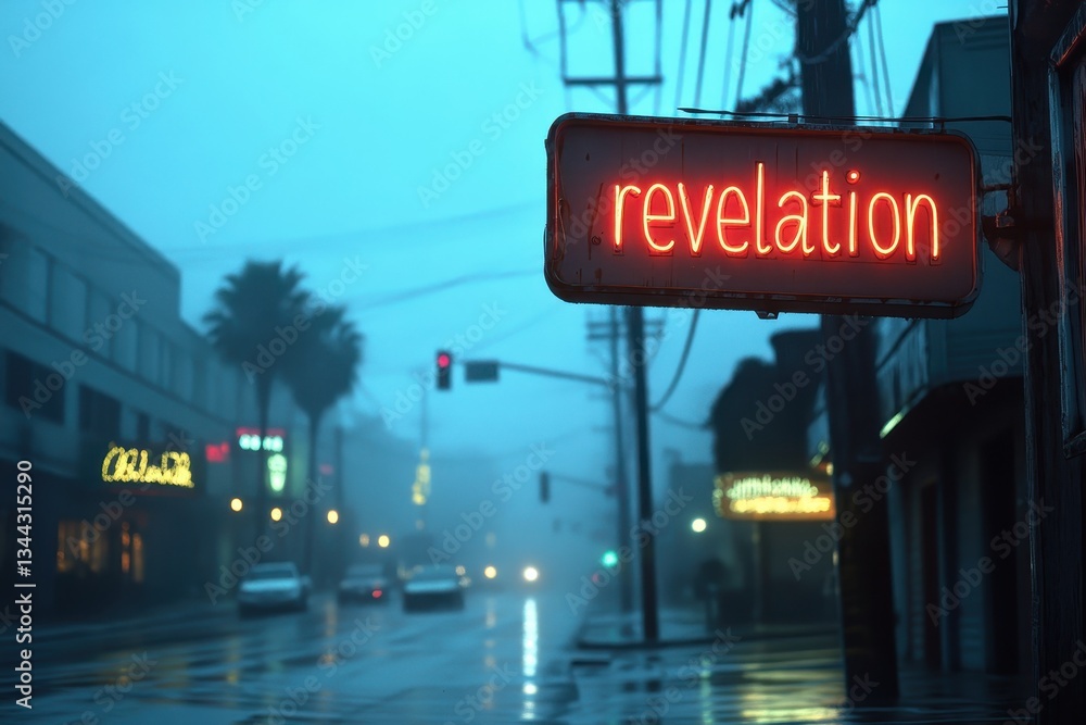 Obraz premium The Misty Urban Street on a Rainy Evening Featuring an Illuminated 'Revelation' Sign in the Foreground and a Moody, Atmospheric Ambiance