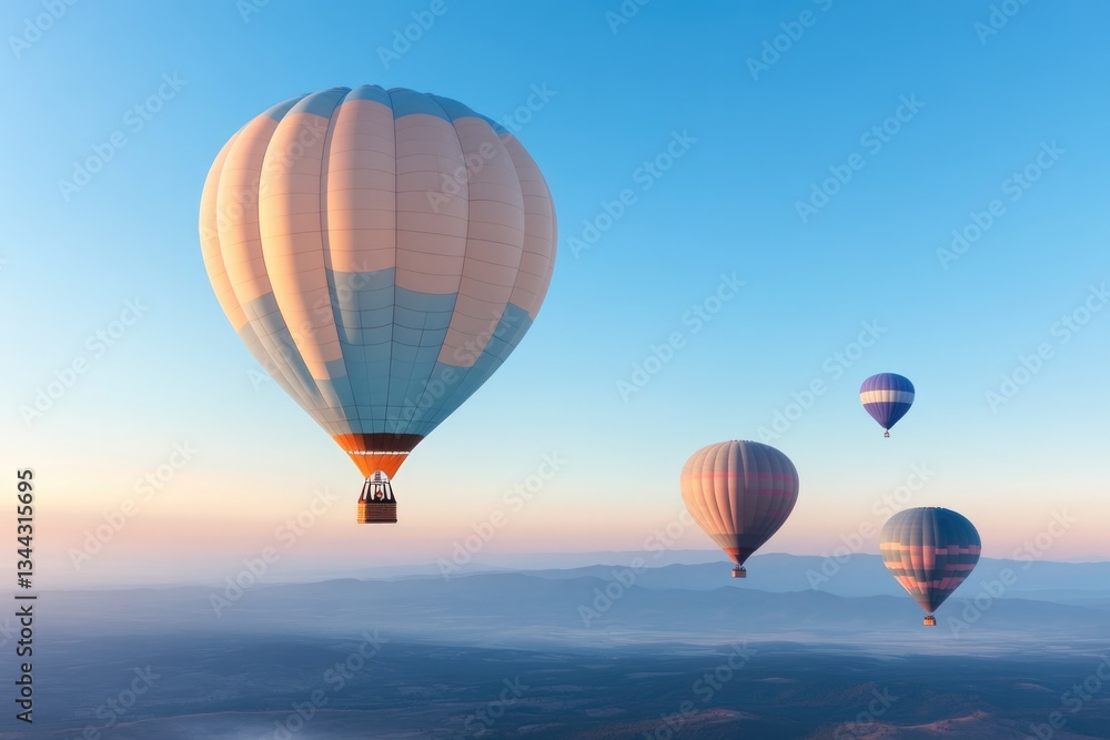 Fototapeta premium hot air balloon floats peacefully against clear blue sky during sunrise with ample copy space surrounding invoking