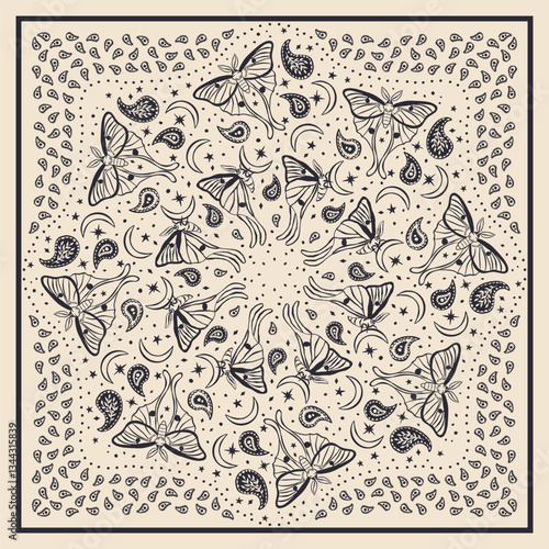 Black and white scarf or bandana with luna moths and paisley mandala pattern. Ethnic monochrome carpet design with butterfly. Abstract boho nocturnal insects background.