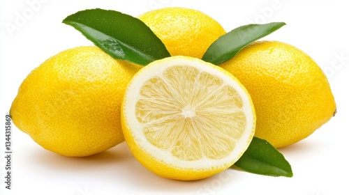 Wallpaper Mural Close up of Fresh Yellow Lemons with Green Leaves on White Background Torontodigital.ca