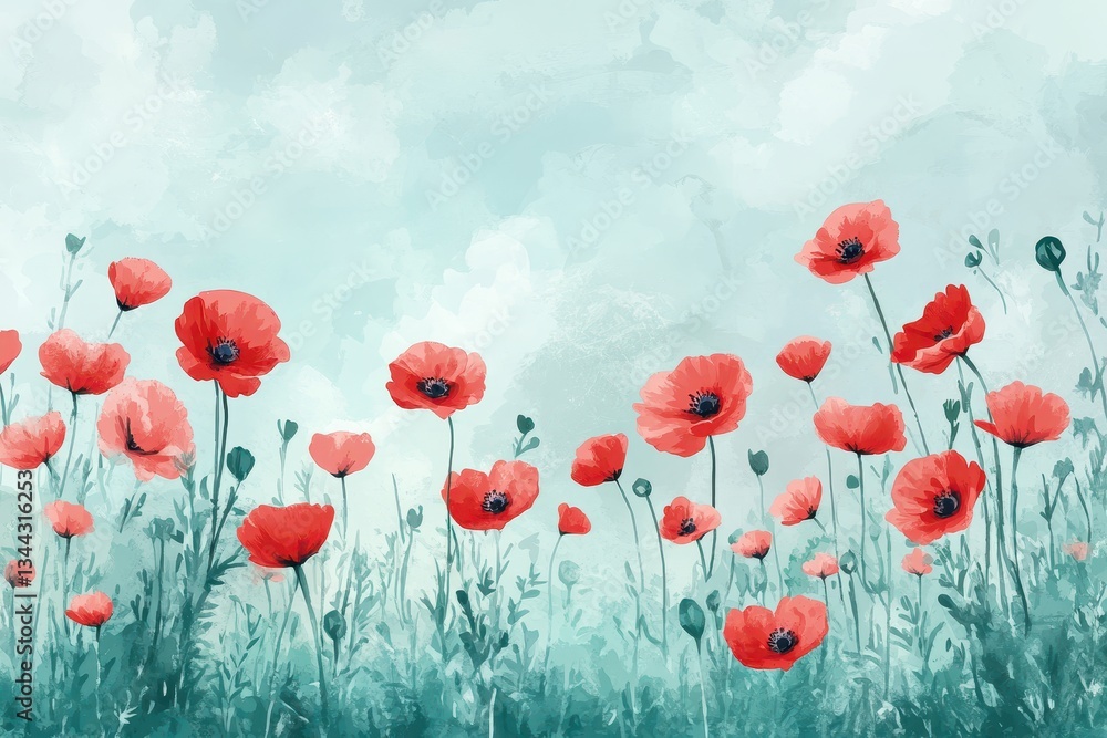 Obraz premium Vibrant Red Poppies Against a Soft Blue Sky Background