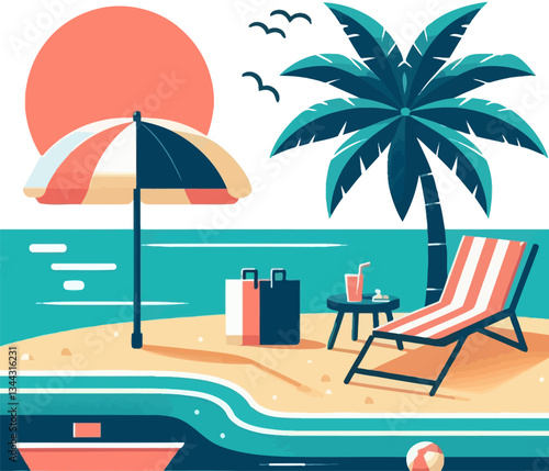 Tropical sandy beach with beach chair .Ocean beach landscape flat icon . Holiday and summer vacation concept . Vector seascape with palm trees. Seashore background.