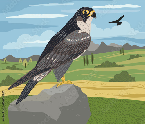 Decorative illustration of falcon in nature. Vector design element
