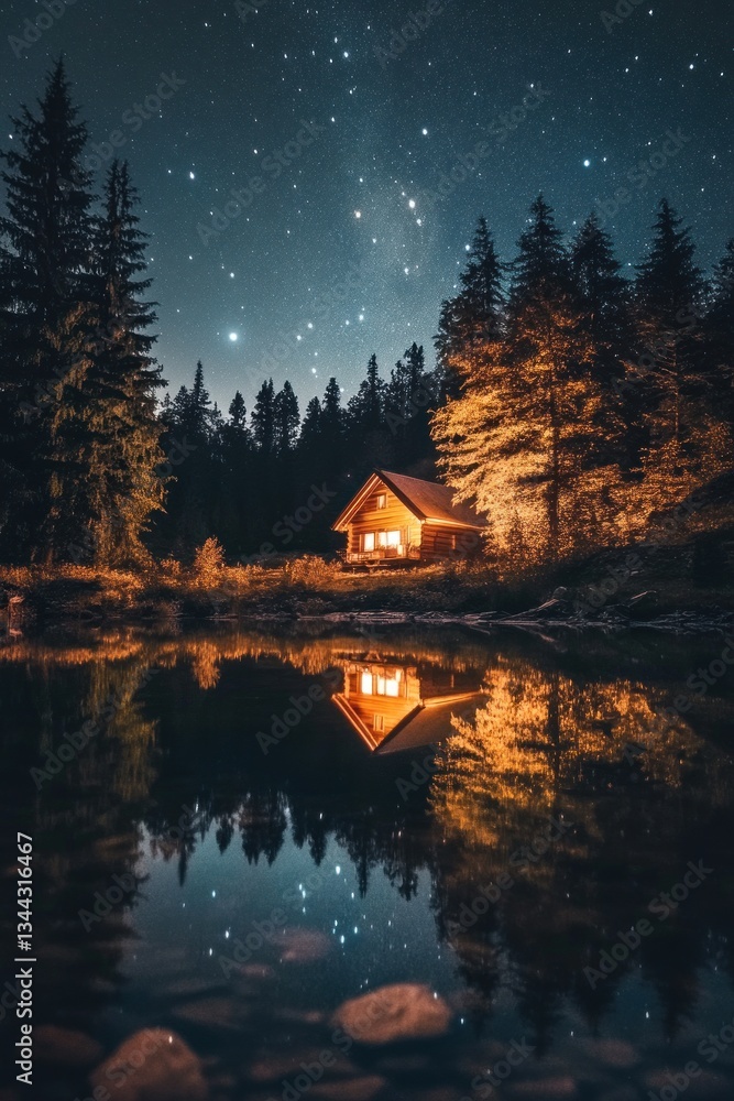 Fototapeta premium Starry Night Cabin Reflection on Lake