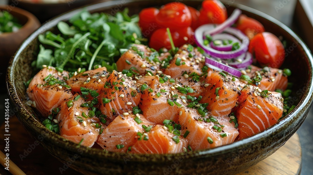 Fresh salmon sashimi served with cherry tomatoes and greens in a bowl Fresh salmon sashimi served with cherry tomatoes and greens in a bowl