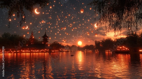 Lanterns float over river town at sunset