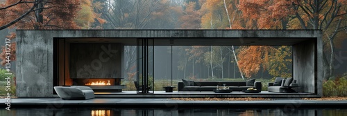 A Modern Architectural Outdoor Living Space Surrounded by Fall Foliage with Sleek Design and Comfortable Furniture in a Tranquil Forest Setting