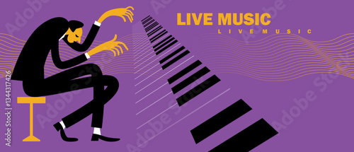 The pianist is playing, vector illustration, horizontal poster design