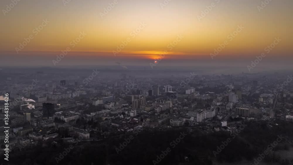 Morning timelapse from a drone with the rising sun at dawn over the city of Chisinau Moldova Morning timelapse from a drone with the rising sun at dawn over the city of Chisinau Moldova