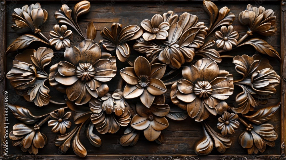 Ornate floral patterns adorn a teakwood panel, showcasing exquisite craftsmanship under soft ambient light Ornate floral patterns adorn a teakwood panel, showcasing exquisite craftsmanship under soft ambient light