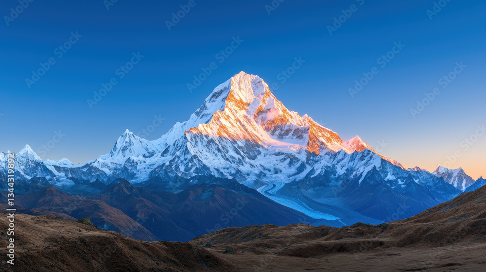 Fototapeta premium Breathtaking mountain view with snow peaks illuminated by sunlight, showcasing nature beauty and tranquility
