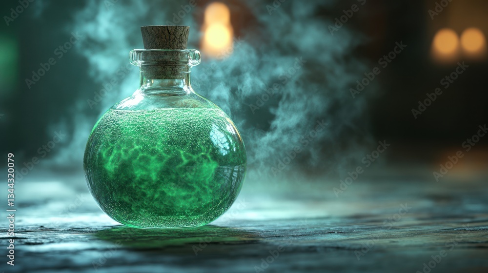 Mysterious Potion: A Glass Bottle Filled with Glowing Green Liquid, Emitting Steam on a Dark Wooden Surface Mysterious Potion: A Glass Bottle Filled with Glowing Green Liquid, Emitting Steam on a Dark Wooden Surface