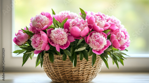 Wallpaper Mural Pink peonies in basket by window Torontodigital.ca