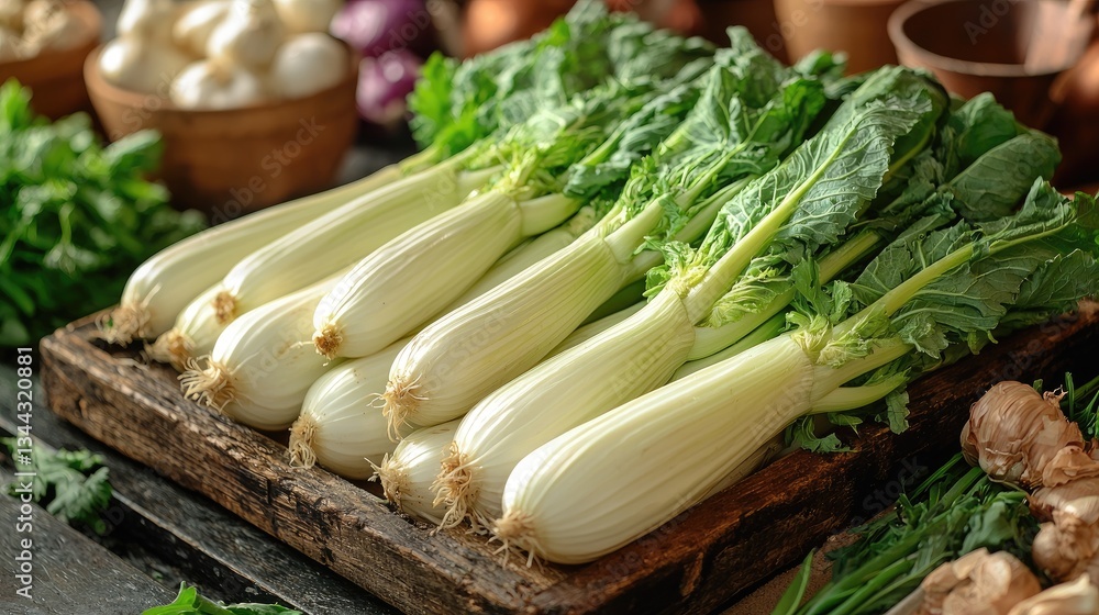 Freshly harvested leeks arranged on a rustic wooden table with herbs Freshly harvested leeks arranged on a rustic wooden table with herbs