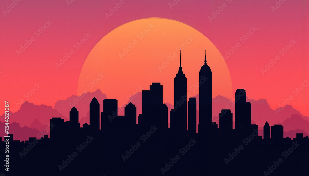 Fototapeta premium City skyline silhouette against colorful sunset, urban beauty