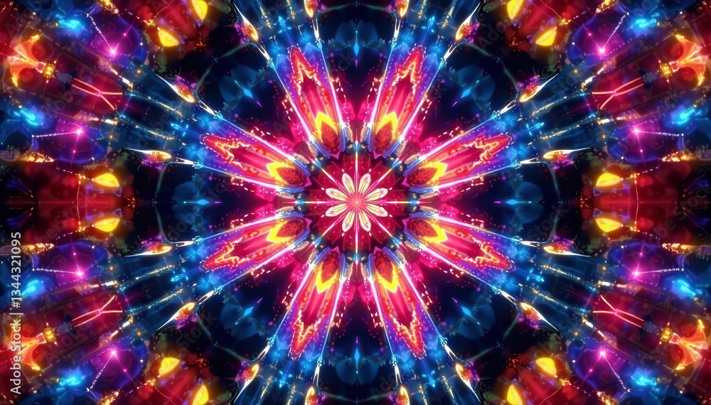 Naklejka premium Abstract kaleidoscope design with vibrant colors and intersecting lines, vibrant, pattern, kaleidoscope