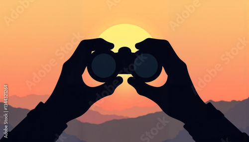Hands holding binoculars against sunset mountain view, exploration