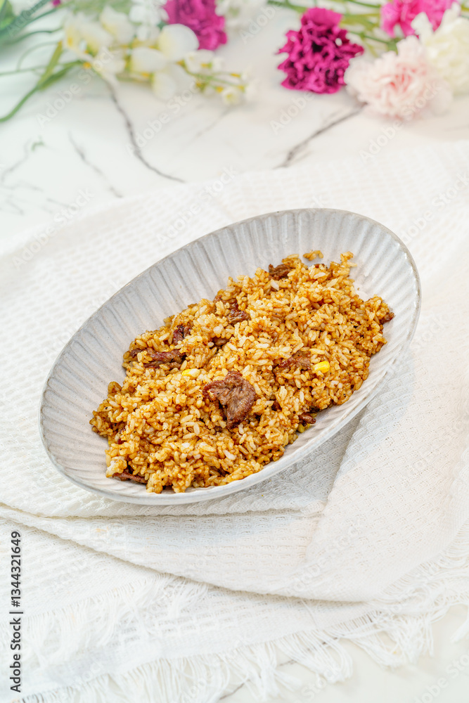 Beef fried rice on a simple background Beef fried rice on a simple background