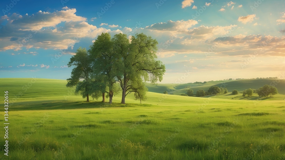 A panoramic view of a lush green field bordered by dense trees under a partly cloudy sky.
