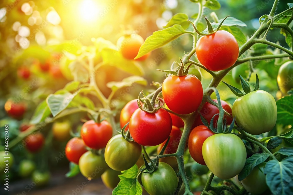 Ripe Red Tomatoes Growing on Vine in Sunny Summer Garden - Organic Produce Stock Photo Ripe Red Tomatoes Growing on Vine in Sunny Summer Garden - Organic Produce Stock Photo