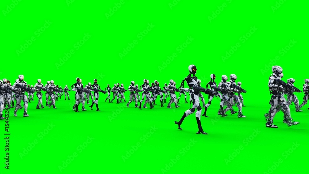 a crowd of walking robots with weapons. green screen.3d rendering. a crowd of walking robots with weapons. green screen.3d rendering.