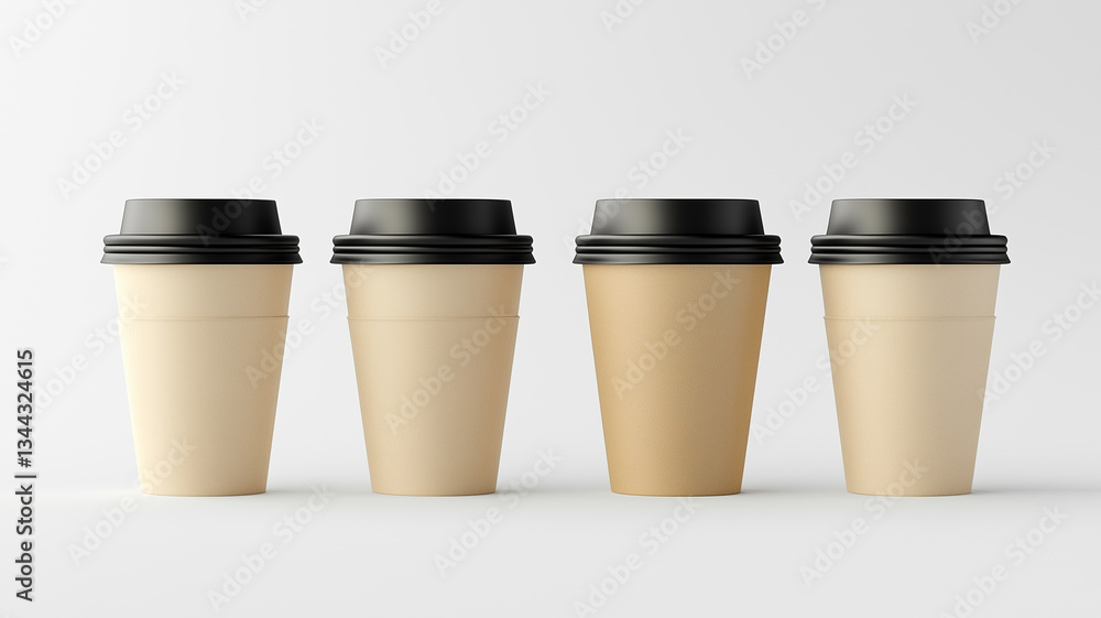 Four brown disposable paper coffee cups with black lids arranged in a row on a white background Four brown disposable paper coffee cups with black lids arranged in a row on a white background