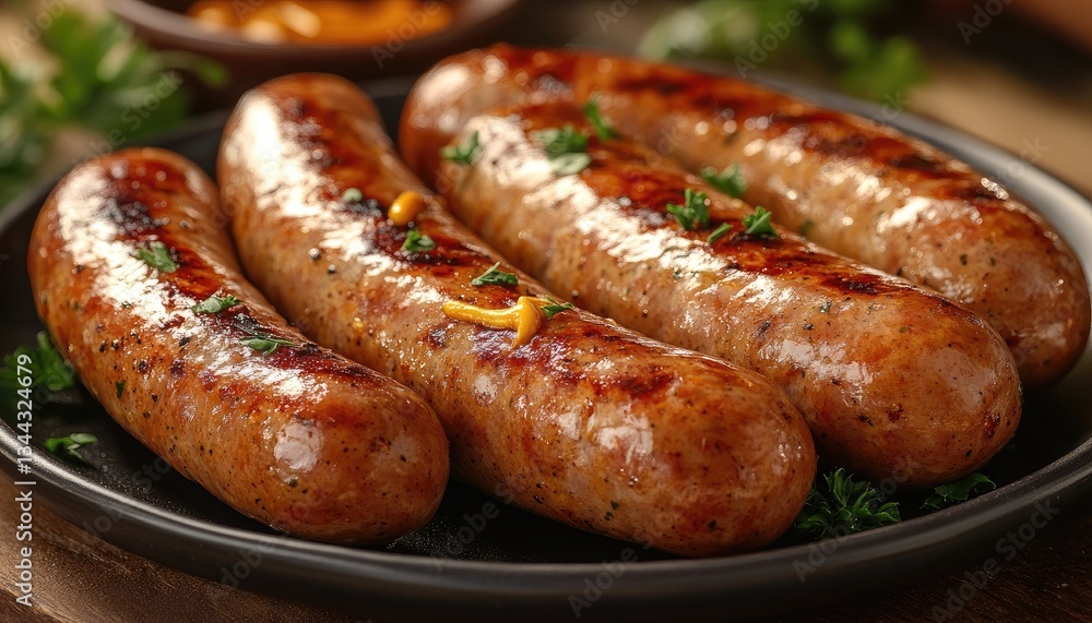 Grilled sausages with herbs and mustard. Perfect for food blogs, restaurant menus, or any project needing appetizing food photography. Grilled sausages with herbs and mustard. Perfect for food blogs, restaurant menus, or any project needing appetizing food photography.