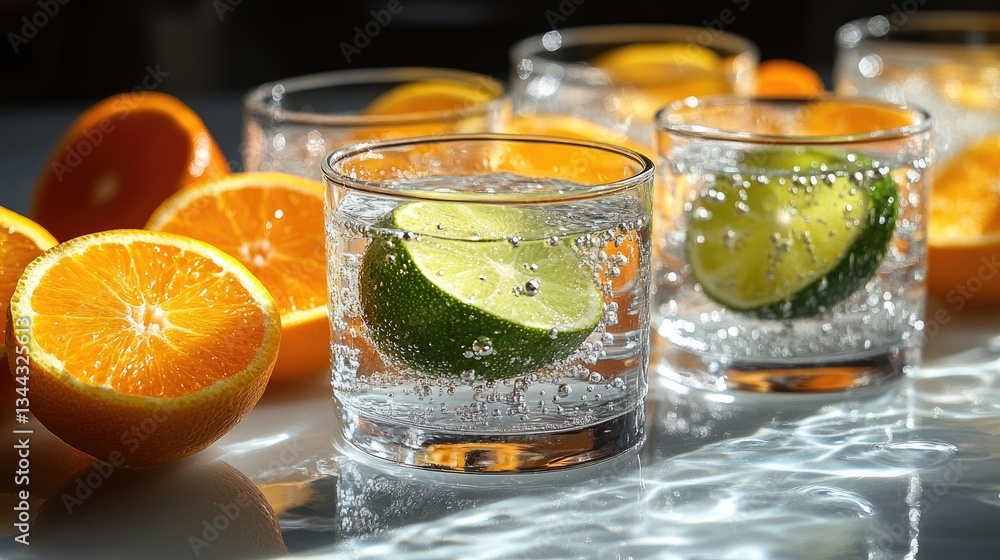 Fototapeta premium Sparkling water with lime and orange slices in glasses. Perfect for refreshment, summer, and healthy drink concepts.