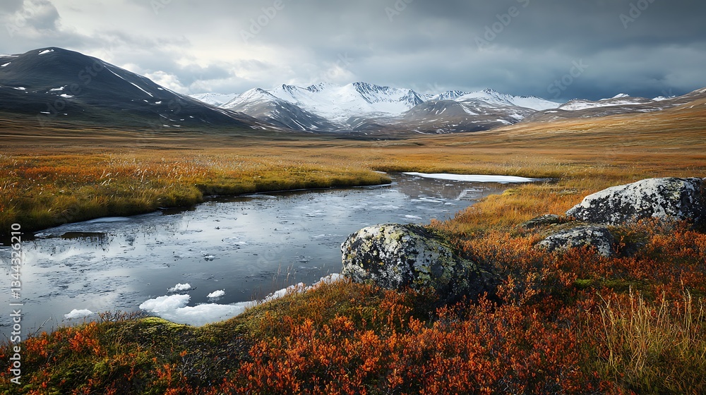 Naklejka premium Serene Arctic tundra featuring frozen landscapes, icy flora, and towering white peaks high resolution wallpaper
