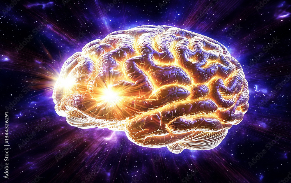 Human Brain with Glowing Light and Cosmic Background, Conceptual Illustration for Intelligence Human Brain with Glowing Light and Cosmic Background, Conceptual Illustration for Intelligence