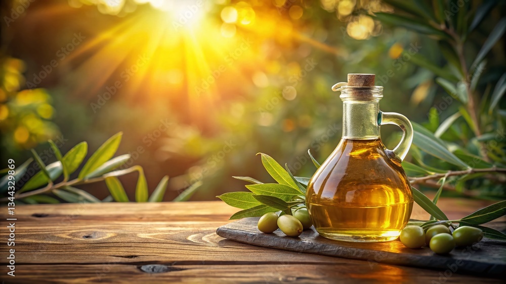 Rustic Olive Oil Bottle on Wooden Table, Sunlit Kitchen Setting Rustic Olive Oil Bottle on Wooden Table, Sunlit Kitchen Setting