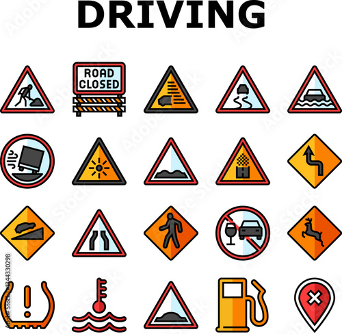 car driving obstacles road icons set vector