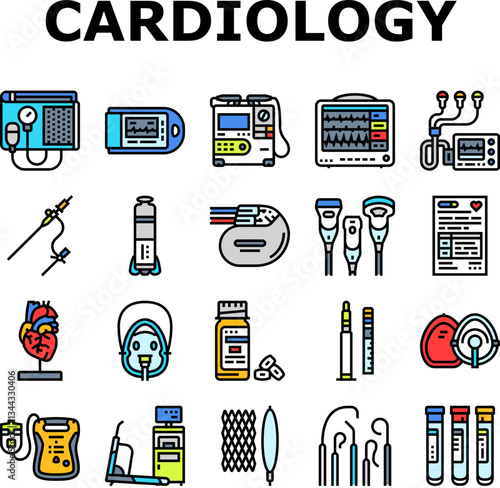 cardiology accessories ecg icons set vector