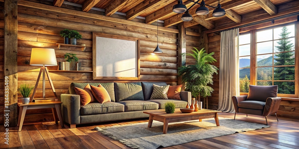Fototapeta premium Rustic Wooden Cabin Interior: Cozy Couch, Blank Poster, Copy Space