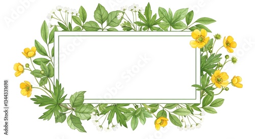 Floral Frame Watercolor Illustration with Yellow Flowers and Green Leaves