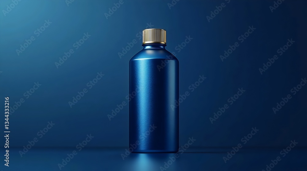 A blue bottle with a gold cap sits on a blue background A blue bottle with a gold cap sits on a blue background