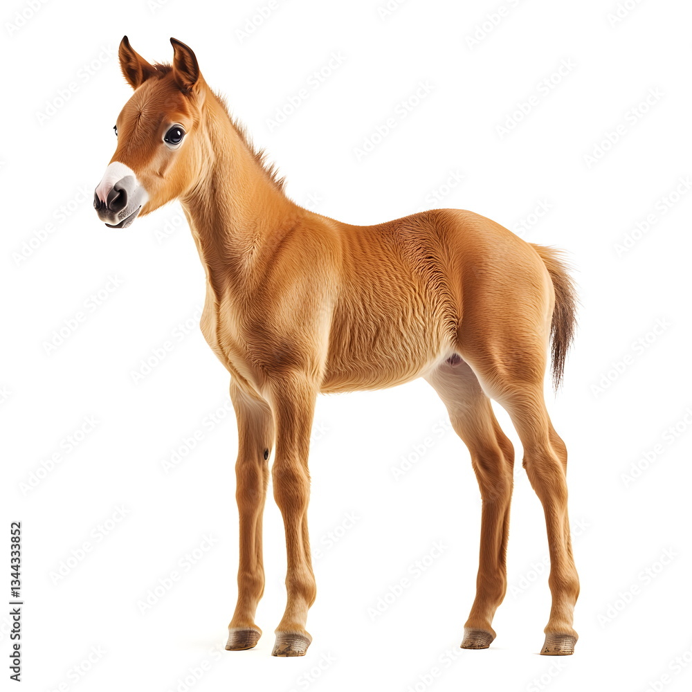 Obraz premium A young foal standing in a side view, full body isolated on a white background. The foal has a soft, light brown coat, a short, slightly tousled mane, and large, curious eyes, captured in high-resolut