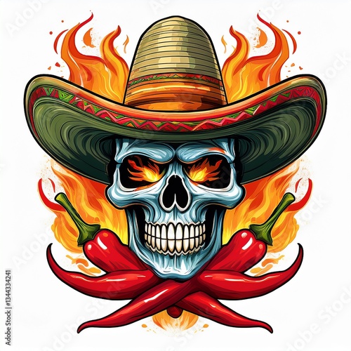 A vibrant skull adorned with a sombrero stands at the center against a backdrop of flames. Two red chili peppers cross beneath the skull, creating a bold, dynamic visual.