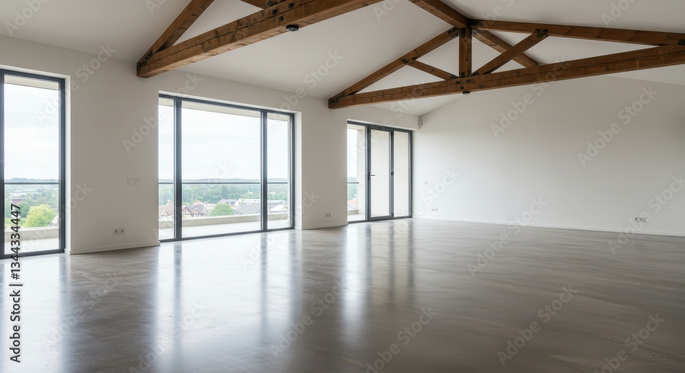 Fototapeta premium Empty Room Interior with Large Windows and Wooden Ceiling Beams