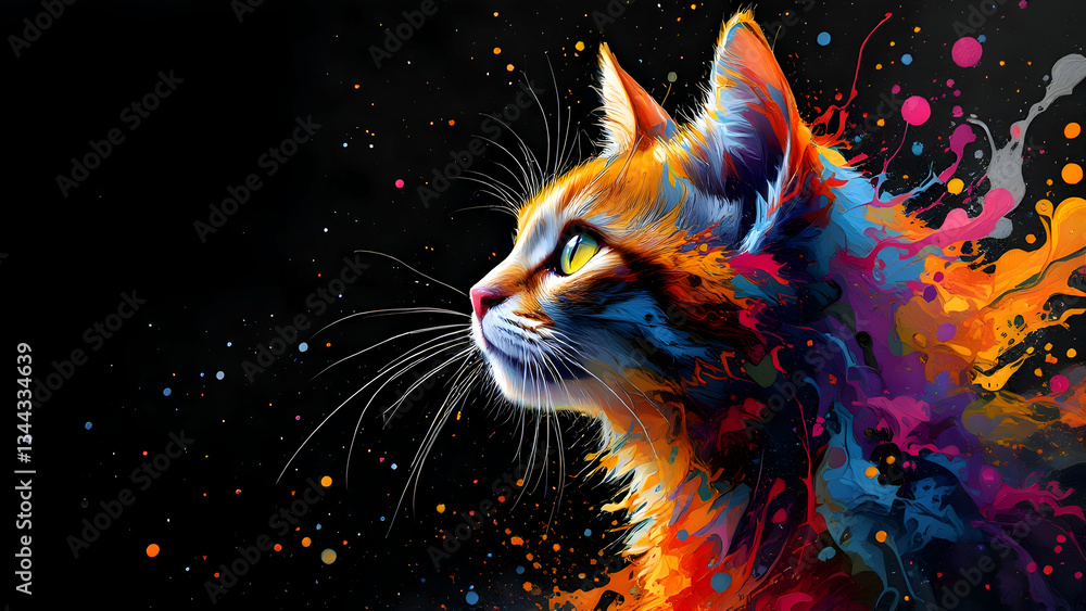 Fototapeta Beautiful neon colored cat portrait on black background