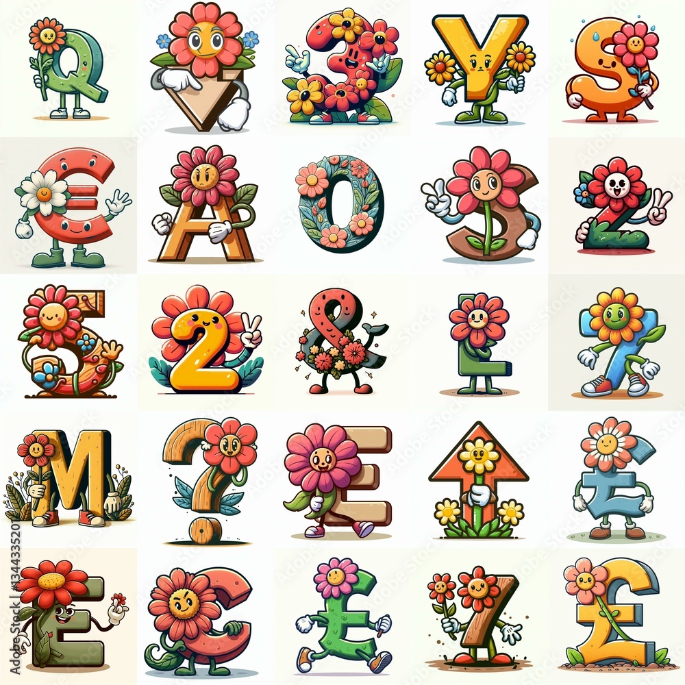 Fototapeta premium Cartoon flowers mascot Lettering Typeface. AI generated illustration